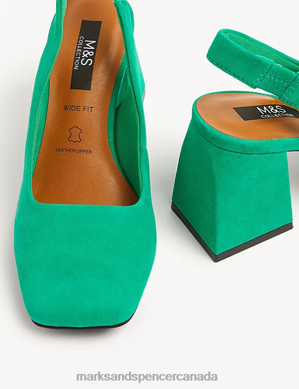Women Medium Green Footwear Marks & Spencer Wide Fit Suede Block Heel Slingback Shoes 20VTD2822 - Marks and Spencer outlet