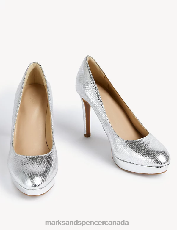 Women Silver Footwear Marks & Spencer Croc Platform Stiletto Heel Court Shoes 20VTD2139 - Marks and Spencer outlet