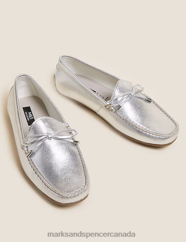 Women Silver Footwear Marks & Spencer Wide Fit Leather Bow Boat Shoes 20VTD2026 - Marks and Spencer online