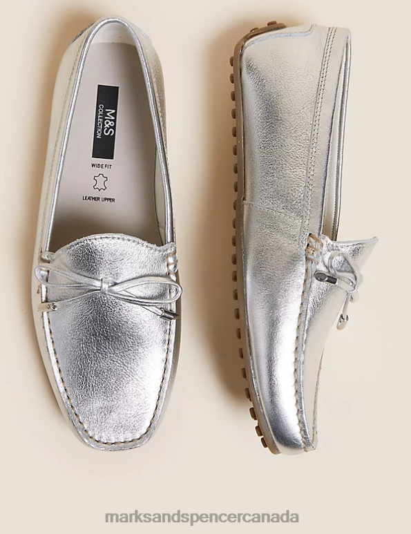 Women Silver Footwear Marks & Spencer Wide Fit Leather Bow Boat Shoes 20VTD2026 - Marks and Spencer online