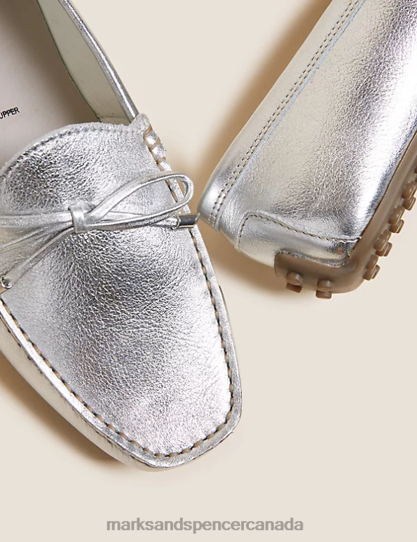 Women Silver Footwear Marks & Spencer Wide Fit Leather Bow Boat Shoes 20VTD2026 - Marks and Spencer online