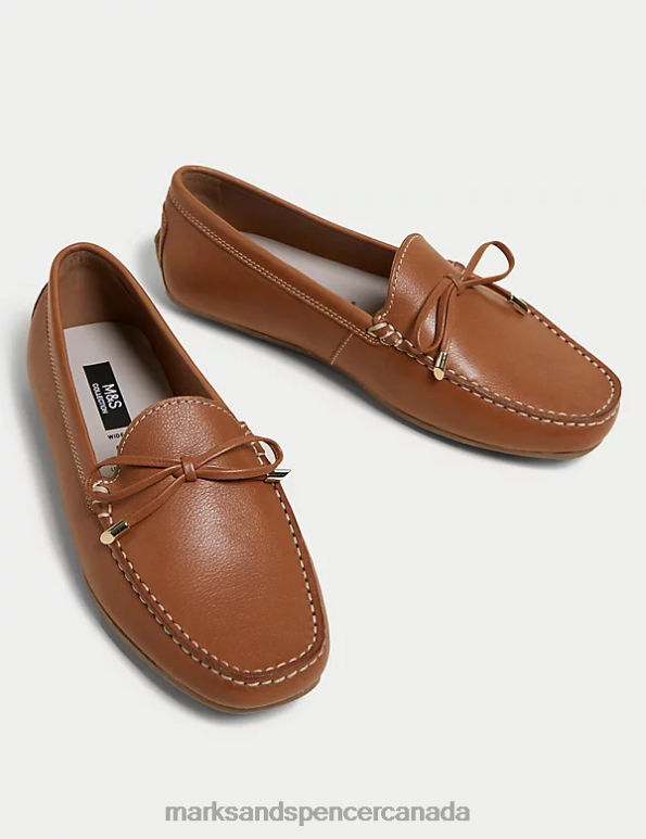 Women Tan Footwear Marks & Spencer Wide Fit Leather Bow Boat Shoes 20VTD1699 - Marks and Spencer Canada locations