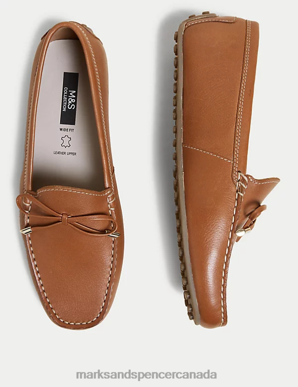 Women Tan Footwear Marks & Spencer Wide Fit Leather Bow Boat Shoes 20VTD1699 - Marks and Spencer Canada locations