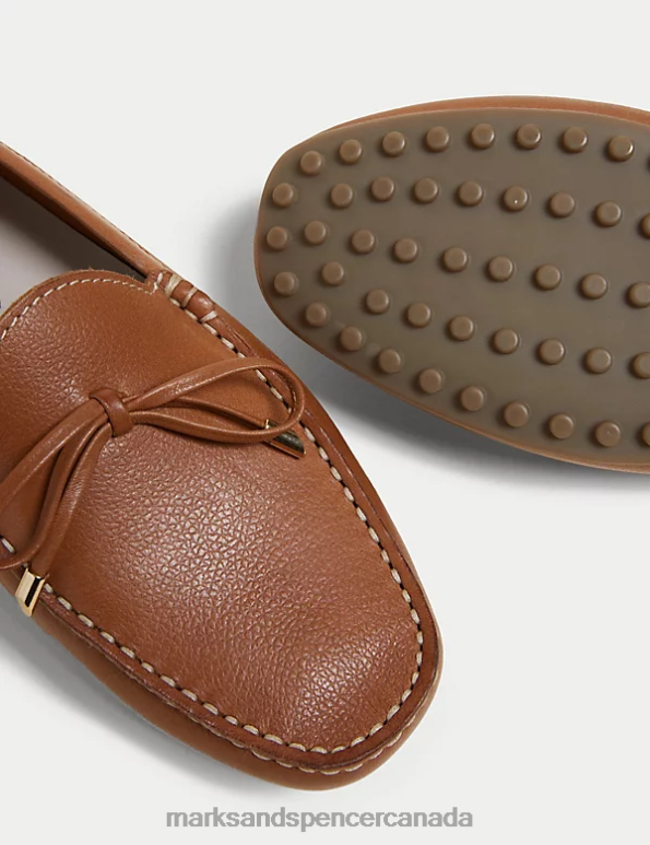 Women Tan Footwear Marks & Spencer Wide Fit Leather Bow Boat Shoes 20VTD1699 - Marks and Spencer Canada locations