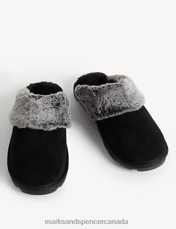 Marks and Spencer near me - Women Black Footwear Marks & Spencer Suede Faux Fur Lined Mule Slippers 20VTD3158
