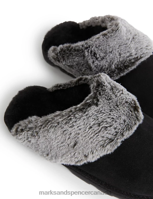 Marks and Spencer near me - Women Black Footwear Marks & Spencer Suede Faux Fur Lined Mule Slippers 20VTD3158