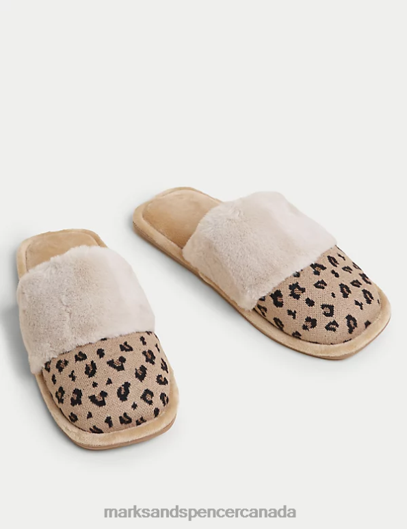 Marks and Spencer sale - Women Brown Mix Footwear Marks & Spencer Faux Fur Cuff Mule Slippers 20VTD2922