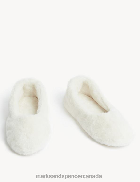 Marks and Spencer Canada - Women Cream Footwear Marks & Spencer Faux Fur Ballerina Slippers with Freshfeet 20VTD2078
