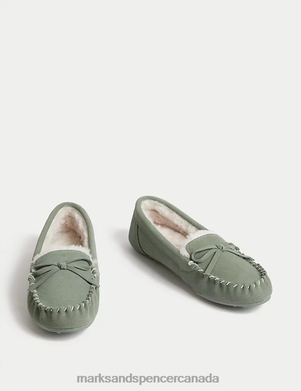 Women Dark Sage Footwear Marks & Spencer Suede Bow Faux Fur Lined Moccasin Slippers 20VTD3475 - Marks and Spencer online