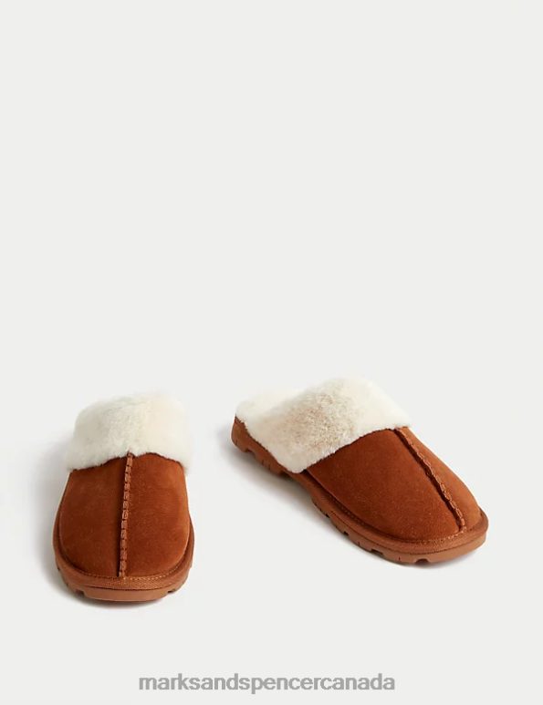 Women Dark Tan Footwear Marks & Spencer Suede Faux Fur Lined Mule Slippers 20VTD3375 - Marks and Spencer online