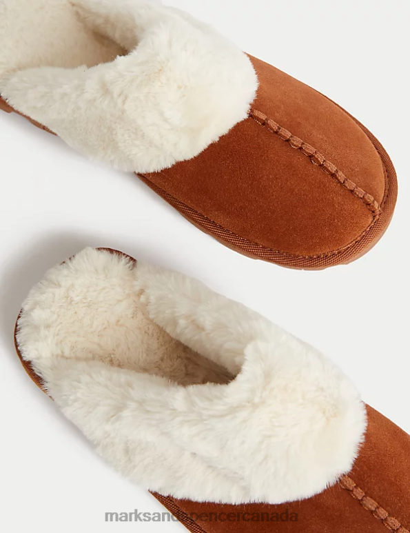 Women Dark Tan Footwear Marks & Spencer Suede Faux Fur Lined Mule Slippers 20VTD3375 - Marks and Spencer online