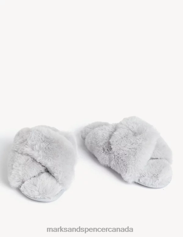 Women Light Grey Footwear Marks & Spencer Faux Fur Crossover Slider Slippers 20VTD1928 - Marks and Spencer online