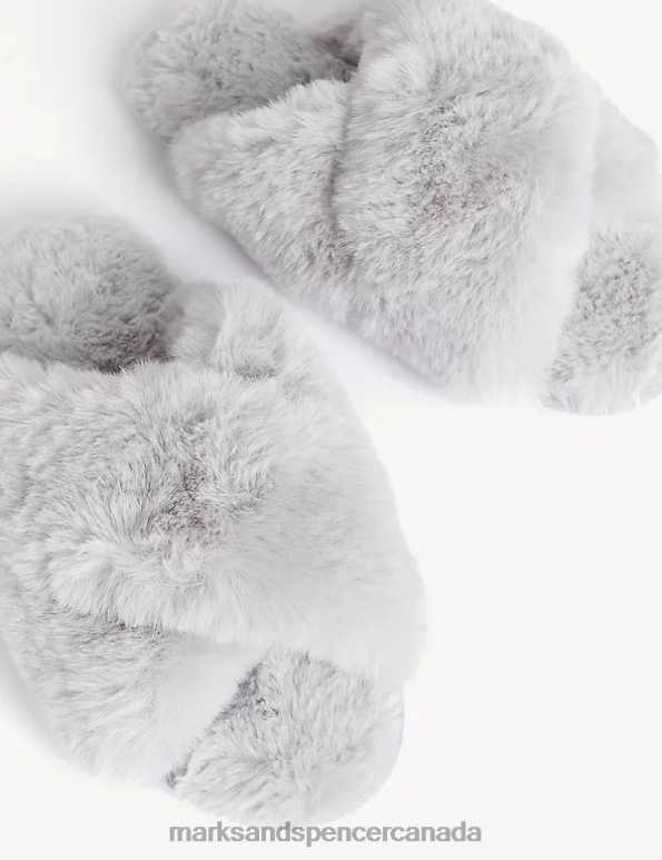Women Light Grey Footwear Marks & Spencer Faux Fur Crossover Slider Slippers 20VTD1928 - Marks and Spencer online