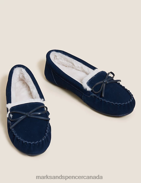 Women Medium Navy Footwear Marks & Spencer Suede Bow Faux Fur Lined Moccasin Slippers 20VTD3164 - Marks and Spencer online