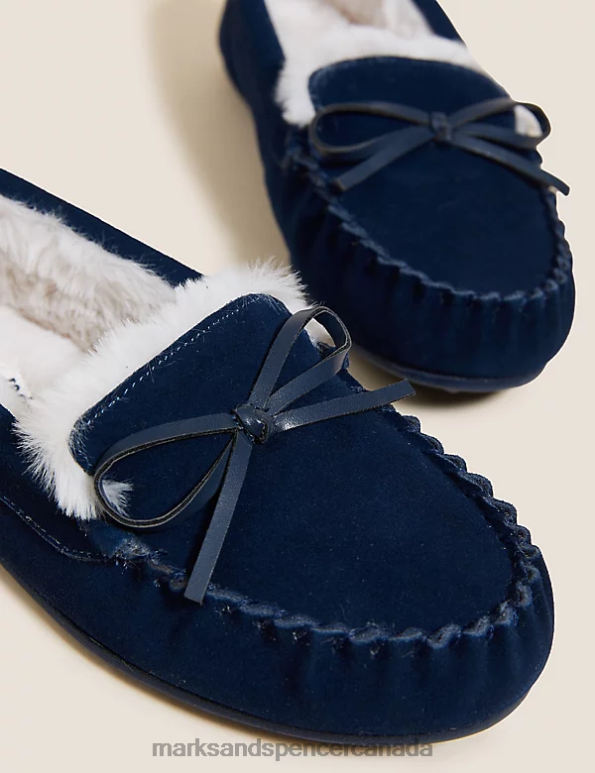 Women Medium Navy Footwear Marks & Spencer Suede Bow Faux Fur Lined Moccasin Slippers 20VTD3164 - Marks and Spencer online
