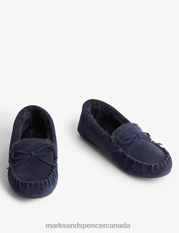 Marks and Spencer sale - Women Midnight Navy Footwear Marks & Spencer Suede Bow Faux Fur Lined Moccasin Slippers 20VTD3474