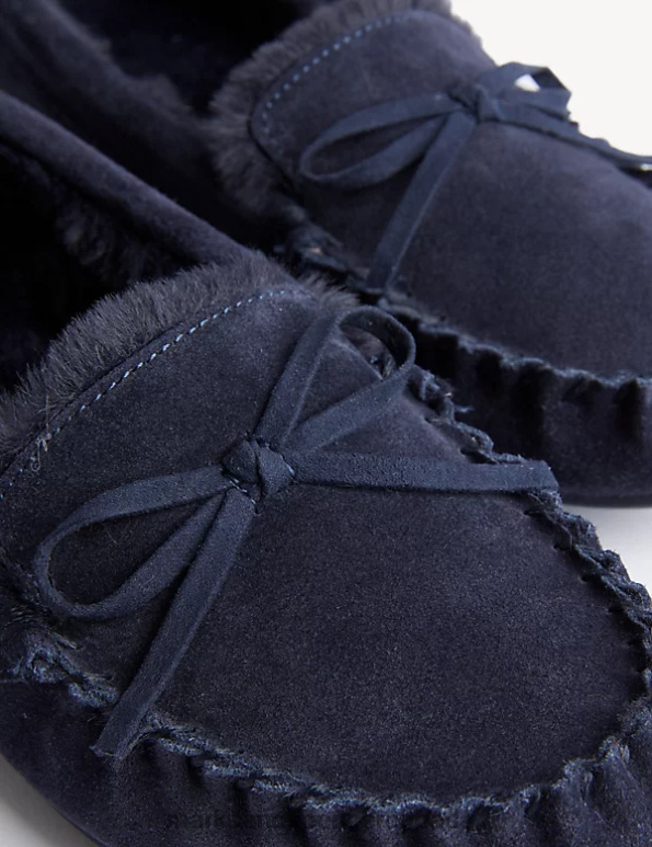 Marks and Spencer sale - Women Midnight Navy Footwear Marks & Spencer Suede Bow Faux Fur Lined Moccasin Slippers 20VTD3474