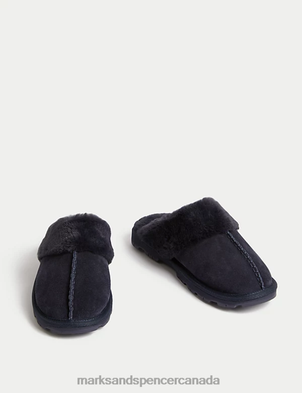 Women Midnight Navy Footwear Marks & Spencer Suede Faux Fur Lined Mule Slippers 20VTD3078 - Marks and Spencer outlet
