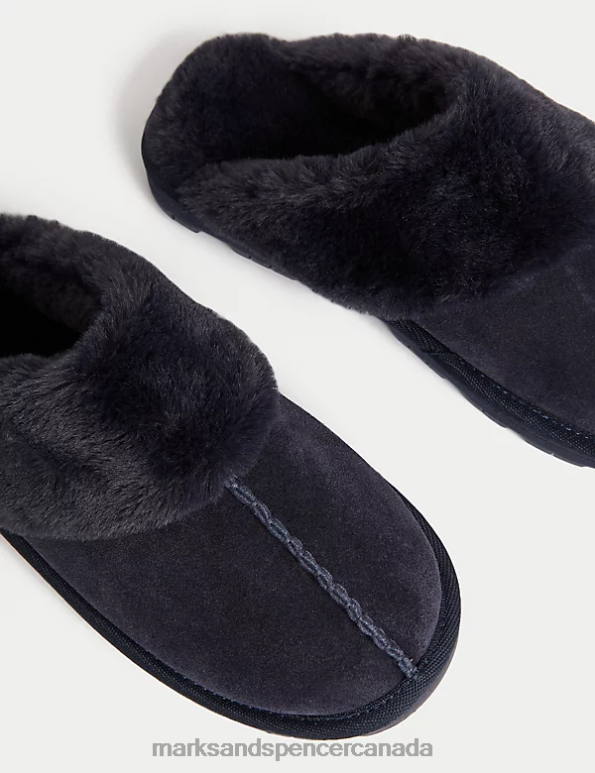 Women Midnight Navy Footwear Marks & Spencer Suede Faux Fur Lined Mule Slippers 20VTD3078 - Marks and Spencer outlet
