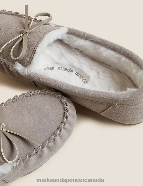 Marks and Spencer Canada - Women Mink Mix Footwear Marks & Spencer Suede Bow Faux Fur Lined Moccasin Slippers 20VTD3472