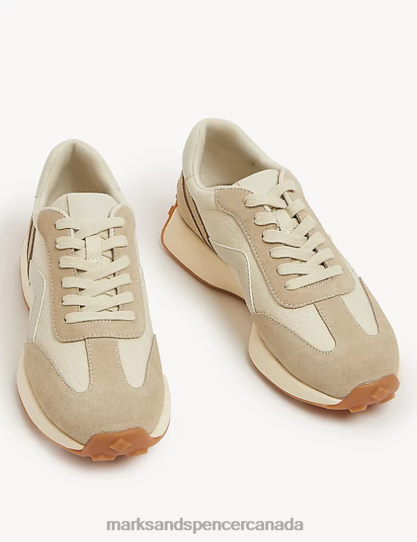Women Beige Footwear Marks & Spencer Leather Lace Up Side Detail Trainers 20VTD2459 - Marks and Spencer outlet