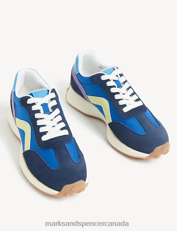 Women Blue Mix Footwear Marks & Spencer Leather Lace Up Side Detail Trainers 20VTD2833 - Marks and Spencer Canada locations