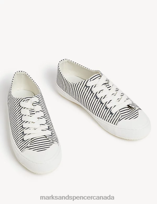 Women Navy Mix Footwear Marks & Spencer Canvas Lace Up Stripe Trainers 20VTD2452 - Marks and Spencer Canada locations