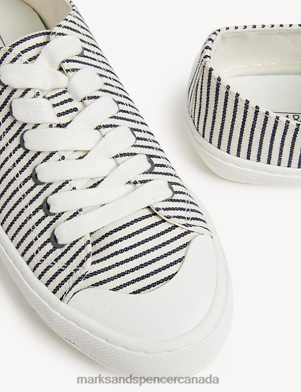 Women Navy Mix Footwear Marks & Spencer Canvas Lace Up Stripe Trainers 20VTD2452 - Marks and Spencer Canada locations