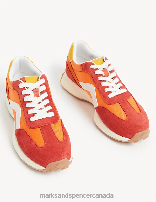 Women Orange Footwear Marks & Spencer Leather Lace Up Side Detail Trainers 20VTD2834 - Marks and Spencer outlet