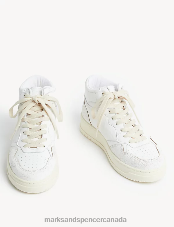 Women White Mix Footwear Marks & Spencer Leather Lace Up High Top Trainers 20VTD1551 - Marks and Spencer outlet