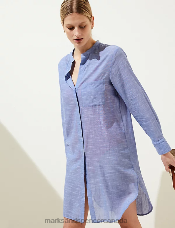 Women Chambray Swimwear & Beachwear Marks & Spencer Pure Cotton Collarless Beach Cover Up Shirt 20VTD1201 - Marks and Spencer outlet