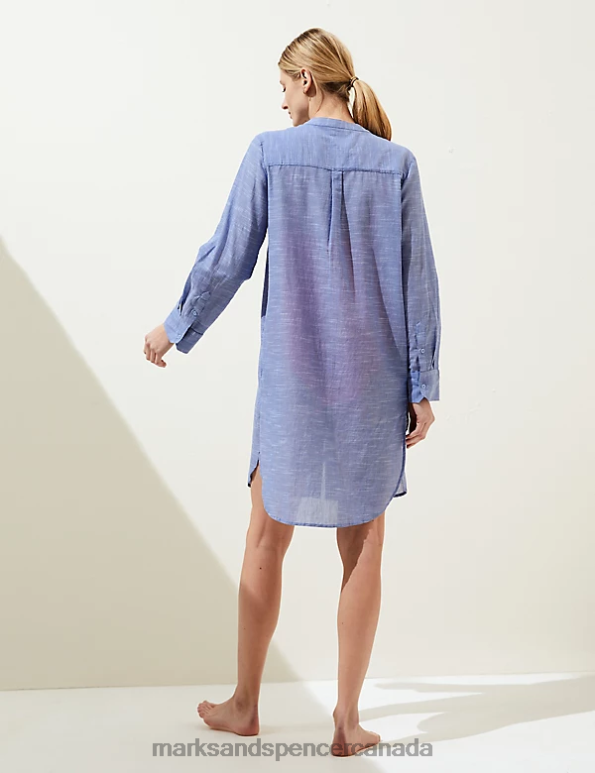 Women Chambray Swimwear & Beachwear Marks & Spencer Pure Cotton Collarless Beach Cover Up Shirt 20VTD1201 - Marks and Spencer outlet