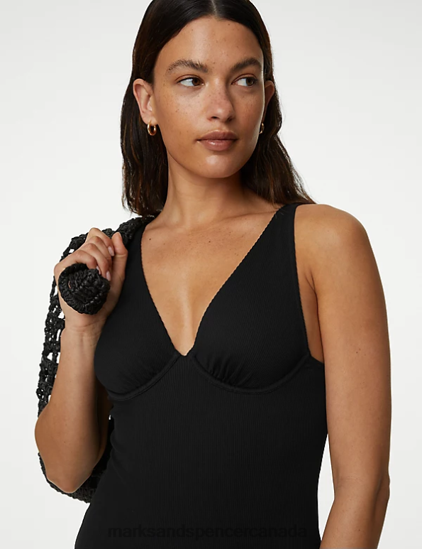 Women Black Swimwear & Beachwear Marks & Spencer Ribbed Wired Plunge Swimsuit 20VTD2161 - Marks and Spencer Canada locations