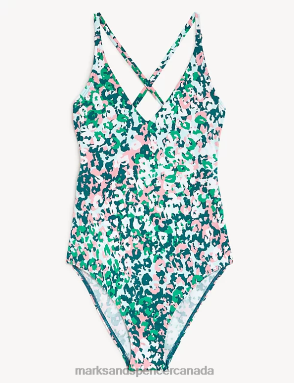 Women Green Mix Swimwear & Beachwear Marks & Spencer Printed Tie Detail Plunge V-Neck Swimsuit 20VTD1989 - Marks and Spencer outlet