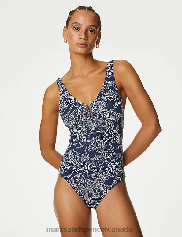 Women Navy Mix Swimwear & Beachwear Marks & Spencer Printed Padded U-Wire Plunge Swimsuit 20VTD119 - Marks and Spencer Canada locations