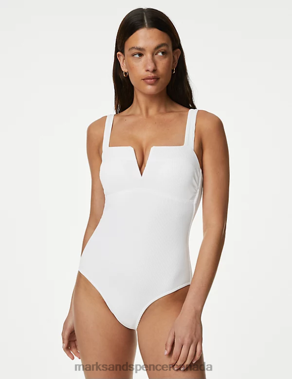Women Soft White Swimwear & Beachwear Marks & Spencer Tummy Control Ribbed Padded V-Neck Swimsuit 20VTD2049 - Marks and Spencer outlet
